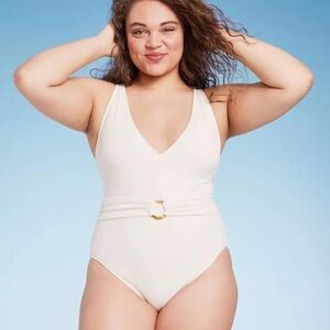 Women’s Shade & Shore Crepe Belted V-Neck One Piece Swimsuit